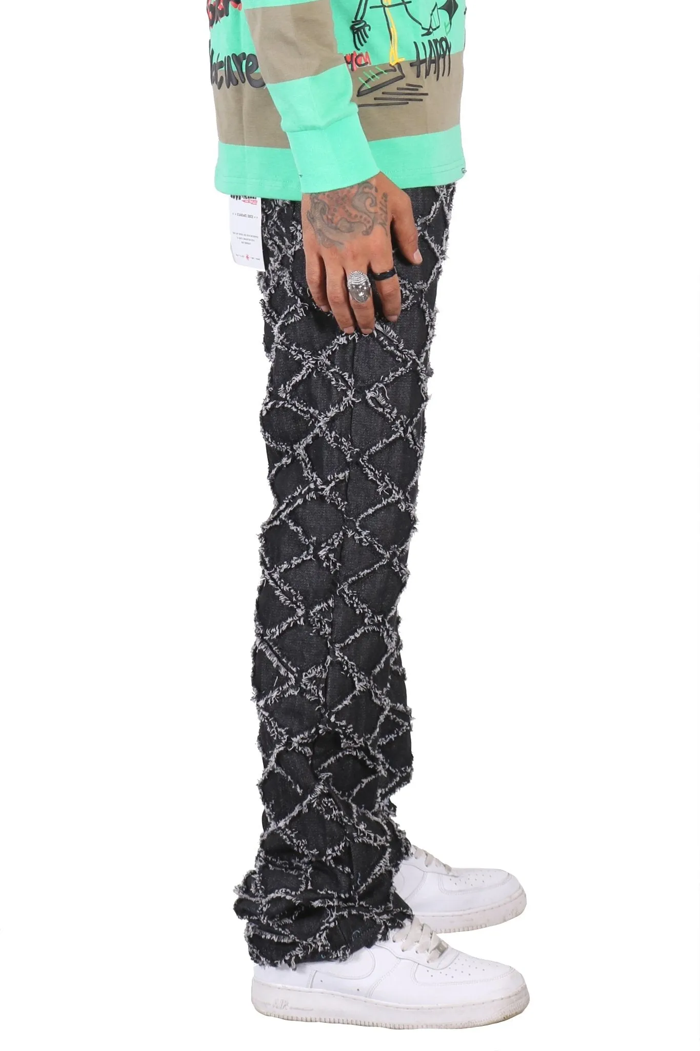 ACE Men's premium rip&repair flare stacked fit quilted denim pants