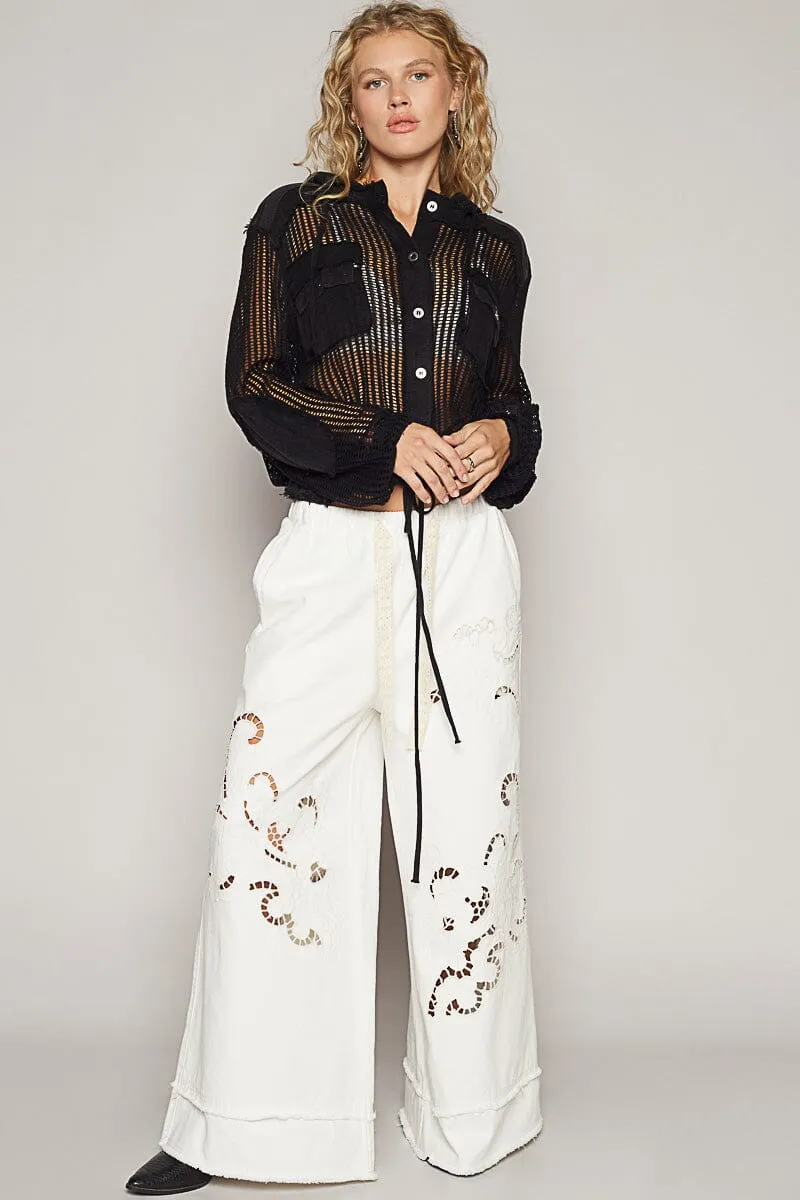 BLACK CROCHET FRONT POCKET DRAWSTRING JACKET