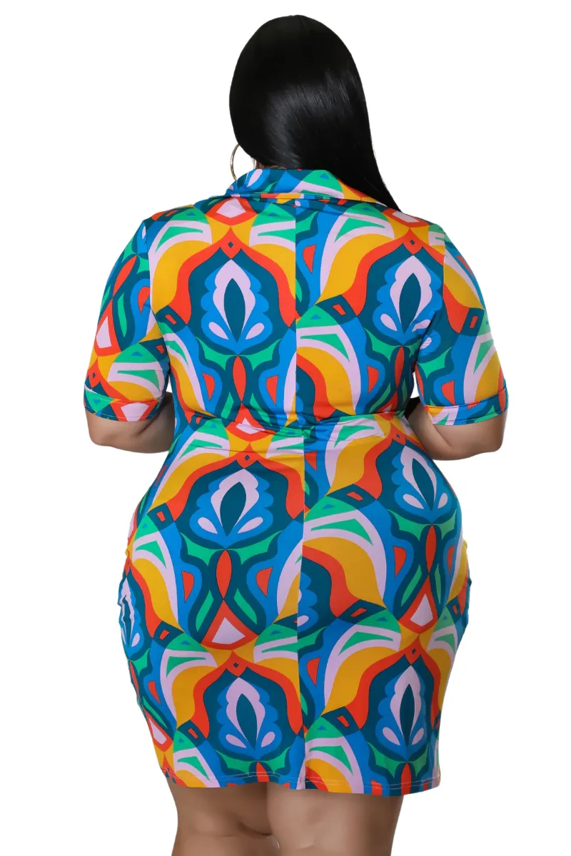 Final Sale Collar Button Up Bodycon Dress in Psychedelic Print