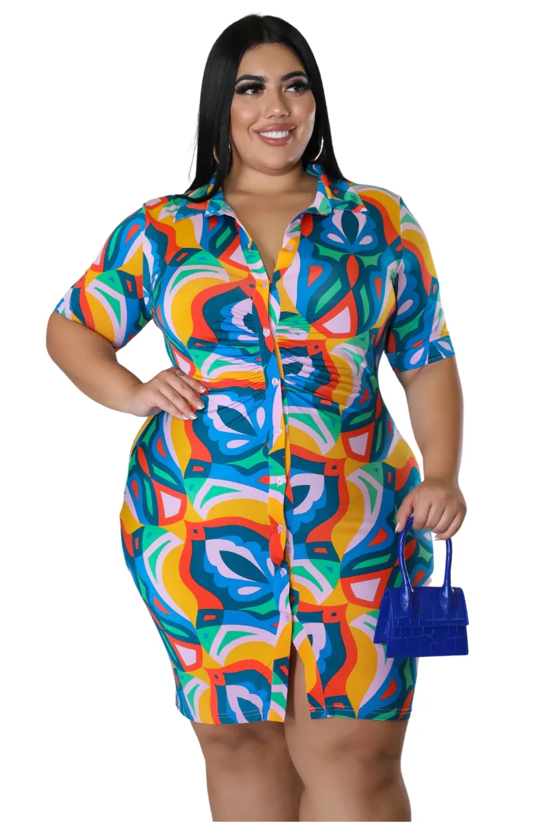 Final Sale Collar Button Up Bodycon Dress in Psychedelic Print