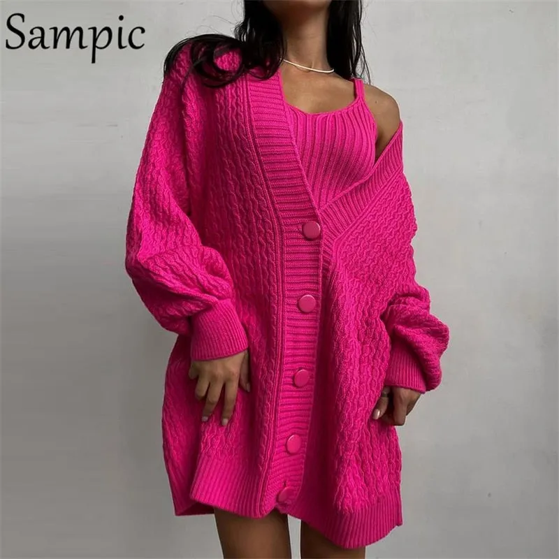 Joskaa Christmas Gift Sampic Cardigans Dress Women 2024 Winter Oversized V Neck Knitted Long Sleeve Cardigans Tops Casual Sexy Club Sweater Outwear