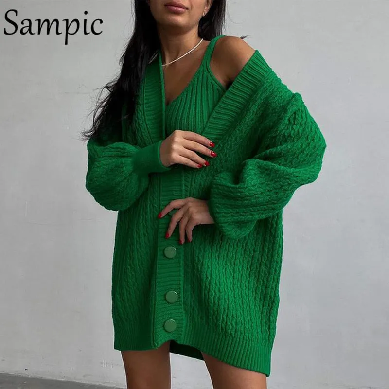 Joskaa Christmas Gift Sampic Cardigans Dress Women 2024 Winter Oversized V Neck Knitted Long Sleeve Cardigans Tops Casual Sexy Club Sweater Outwear
