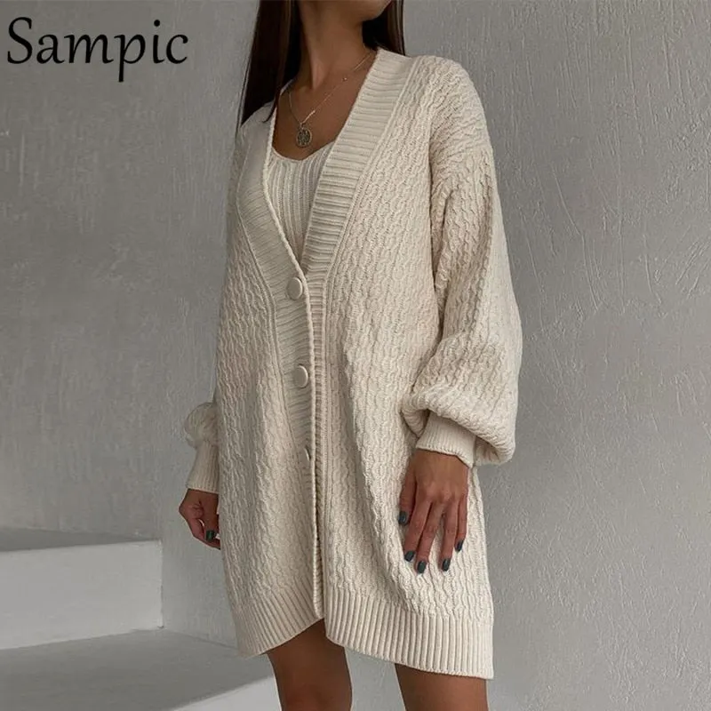 Joskaa Christmas Gift Sampic Cardigans Dress Women 2024 Winter Oversized V Neck Knitted Long Sleeve Cardigans Tops Casual Sexy Club Sweater Outwear