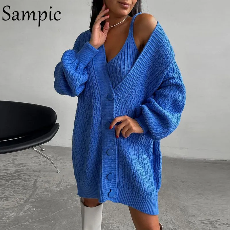 Joskaa Christmas Gift Sampic Cardigans Dress Women 2024 Winter Oversized V Neck Knitted Long Sleeve Cardigans Tops Casual Sexy Club Sweater Outwear