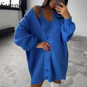 Joskaa Christmas Gift Sampic Cardigans Dress Women 2024 Winter Oversized V Neck Knitted Long Sleeve Cardigans Tops Casual Sexy Club Sweater Outwear
