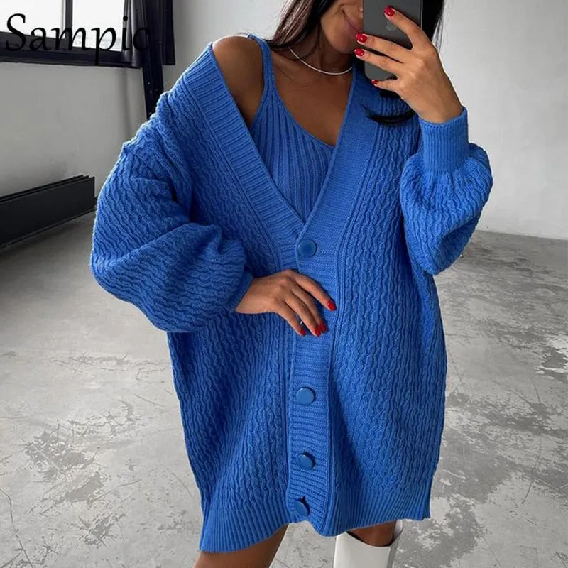 Joskaa Christmas Gift Sampic Cardigans Dress Women 2024 Winter Oversized V Neck Knitted Long Sleeve Cardigans Tops Casual Sexy Club Sweater Outwear