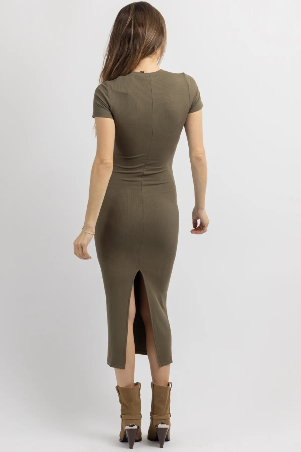 KACEY OLIVE RIBBED MIDI DRESS