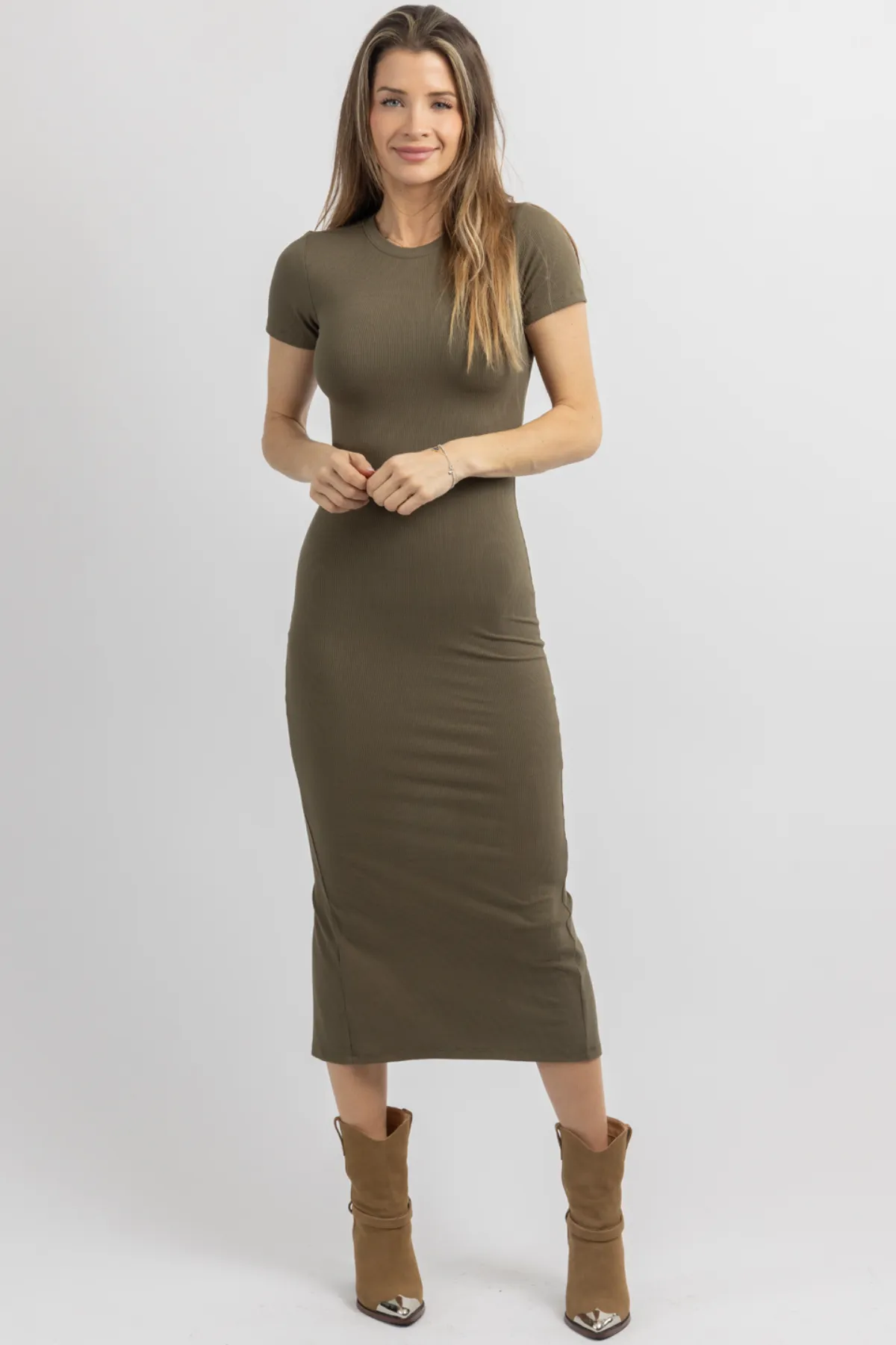 KACEY OLIVE RIBBED MIDI DRESS