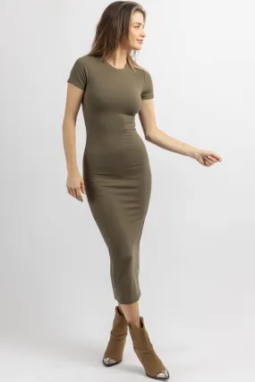 KACEY OLIVE RIBBED MIDI DRESS