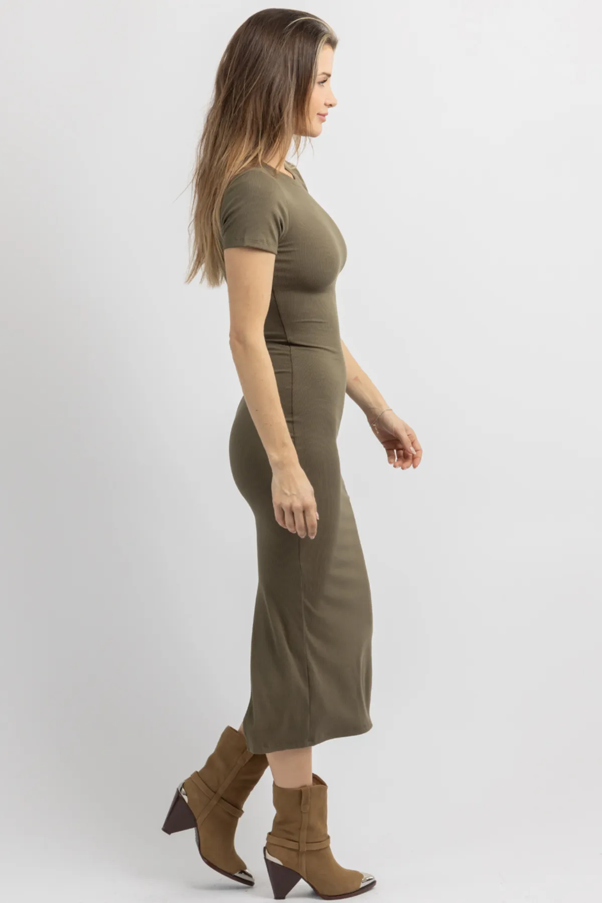 KACEY OLIVE RIBBED MIDI DRESS