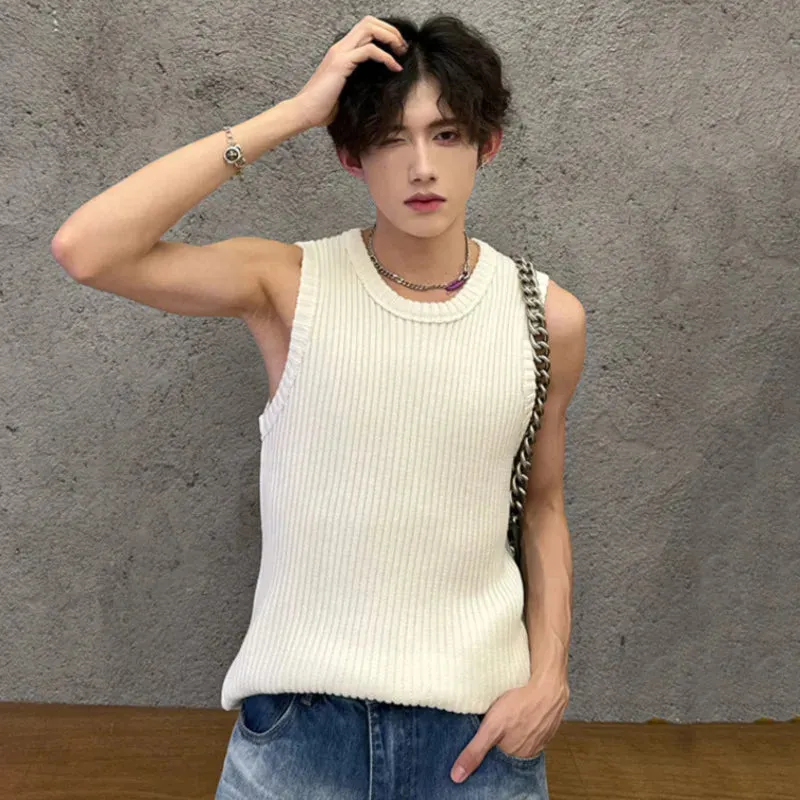 Korean Style Summer Men's Tank Tops Minimalist Loose Solid Color Sleeveless Knitting Male Fashion Top Trend 9C6076