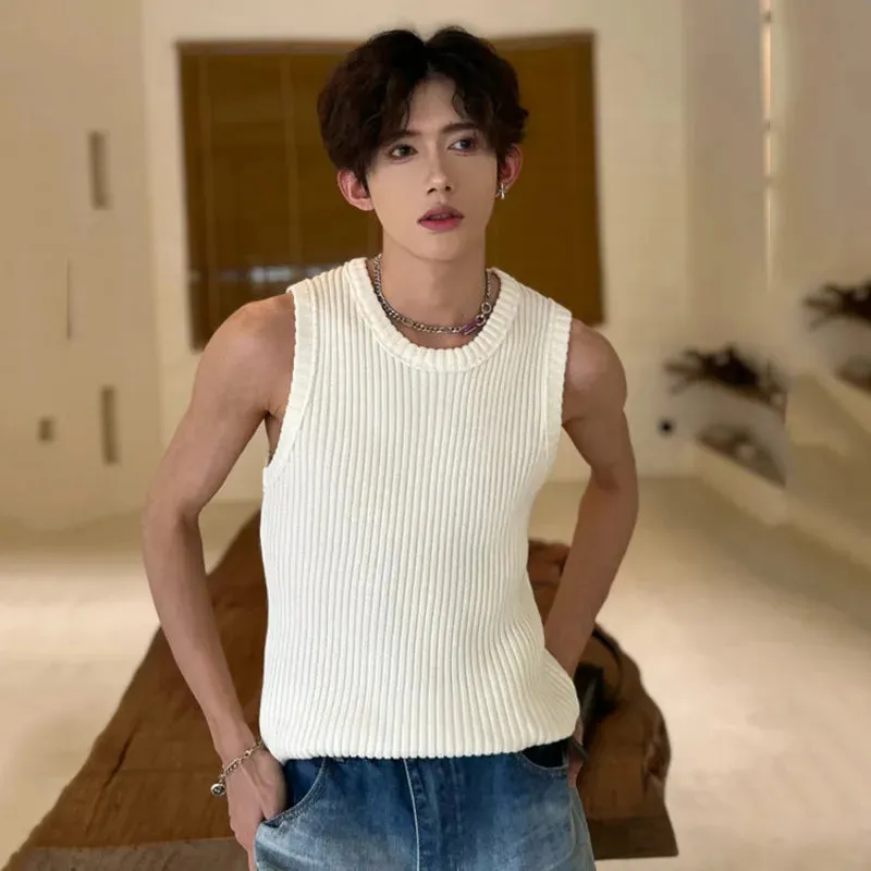 Korean Style Summer Men's Tank Tops Minimalist Loose Solid Color Sleeveless Knitting Male Fashion Top Trend 9C6076