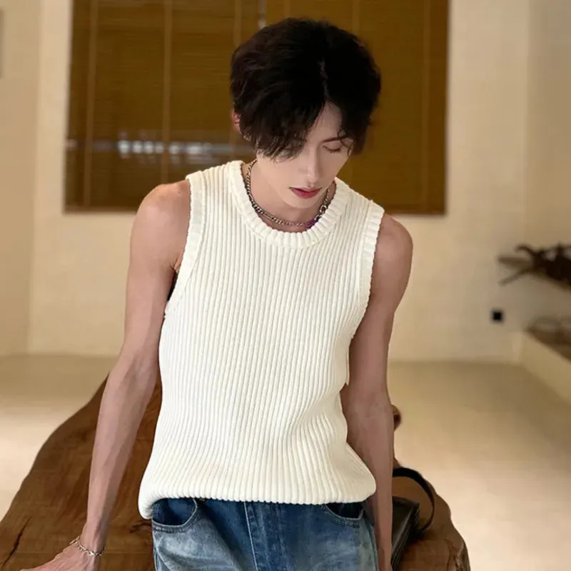 Korean Style Summer Men's Tank Tops Minimalist Loose Solid Color Sleeveless Knitting Male Fashion Top Trend 9C6076