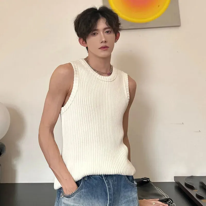 Korean Style Summer Men's Tank Tops Minimalist Loose Solid Color Sleeveless Knitting Male Fashion Top Trend 9C6076