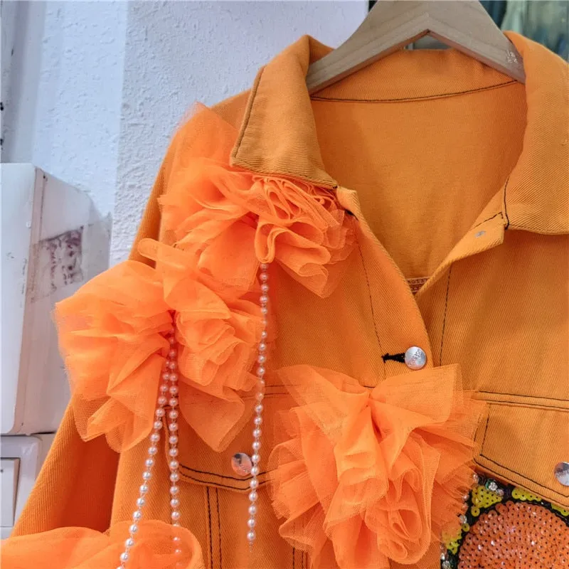 New Heavy Embroidery Sequins Cartoon Design Stitching Mesh Crop Coat Women Loose Casual Single-Breasted Denim Jacket