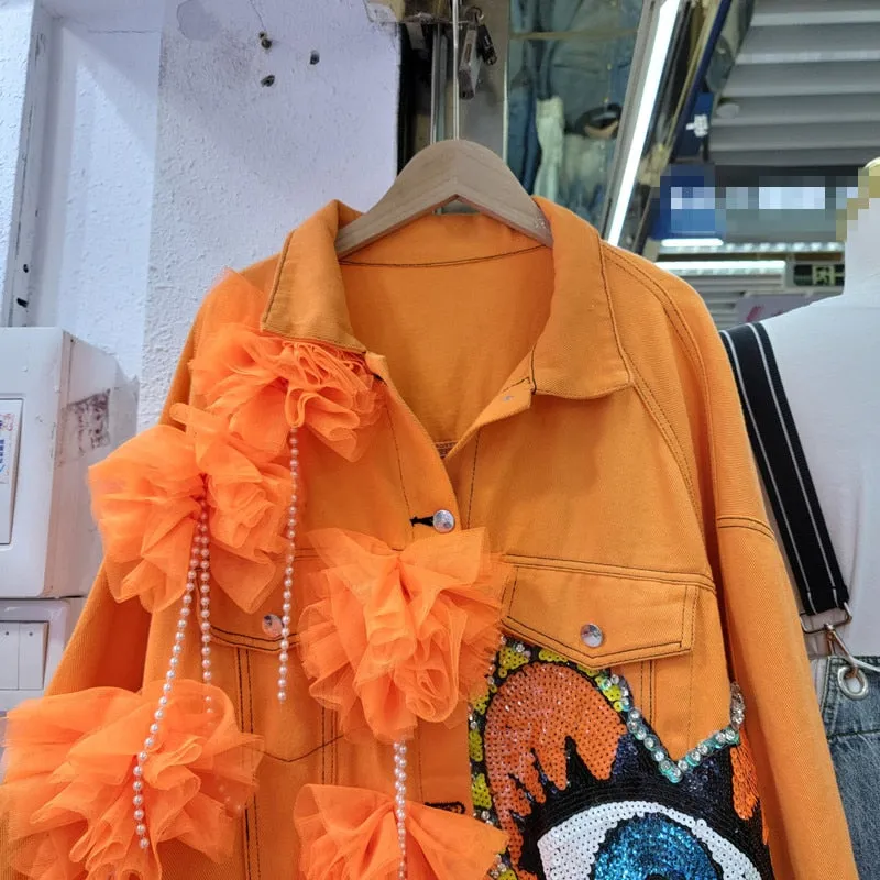 New Heavy Embroidery Sequins Cartoon Design Stitching Mesh Crop Coat Women Loose Casual Single-Breasted Denim Jacket