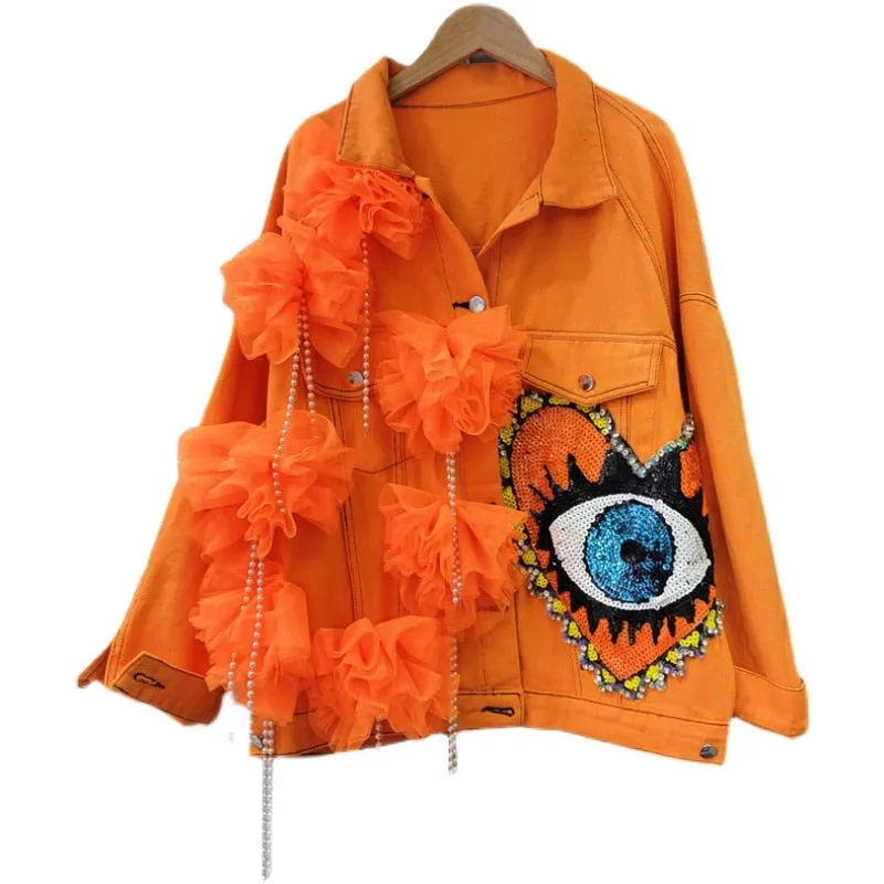 New Heavy Embroidery Sequins Cartoon Design Stitching Mesh Crop Coat Women Loose Casual Single-Breasted Denim Jacket