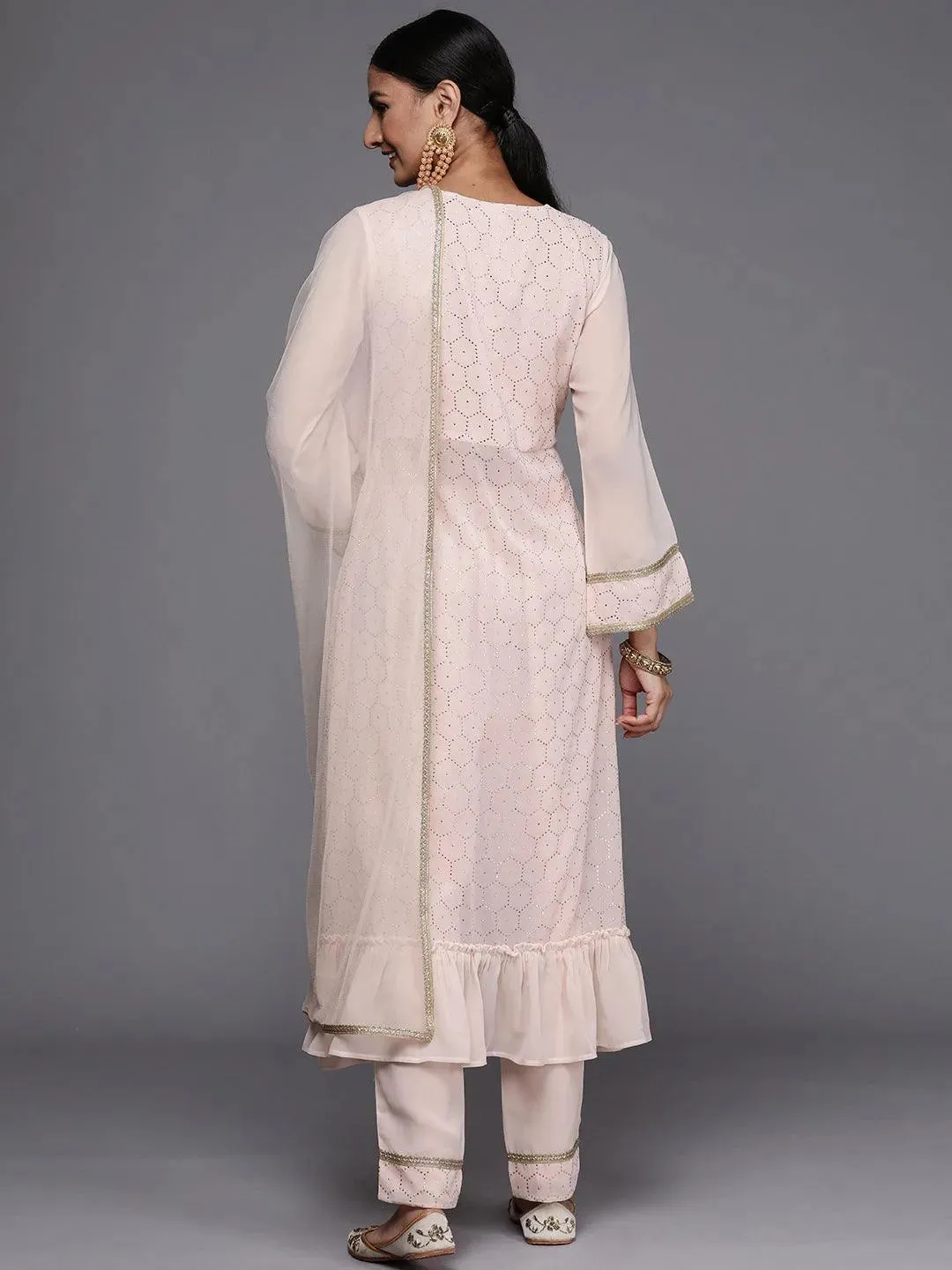 Peach Self Design Georgette A-Line Kurta With Dupatta