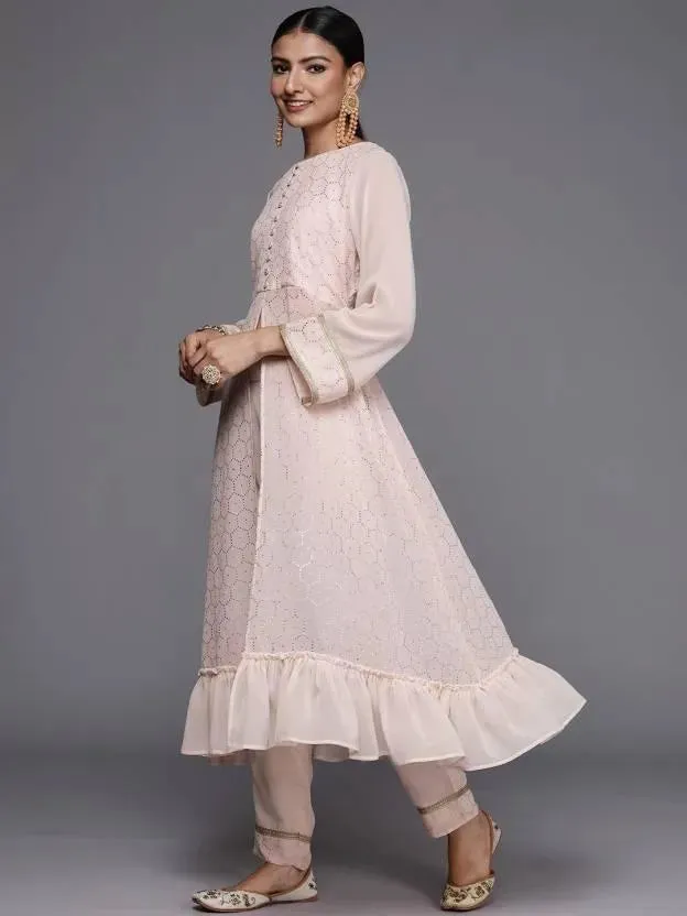 Peach Self Design Georgette A-Line Kurta With Dupatta
