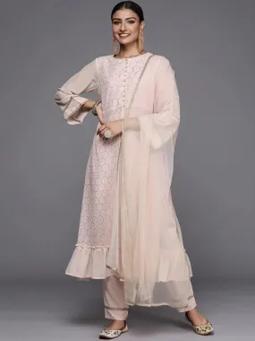 Peach Self Design Georgette A-Line Kurta With Dupatta