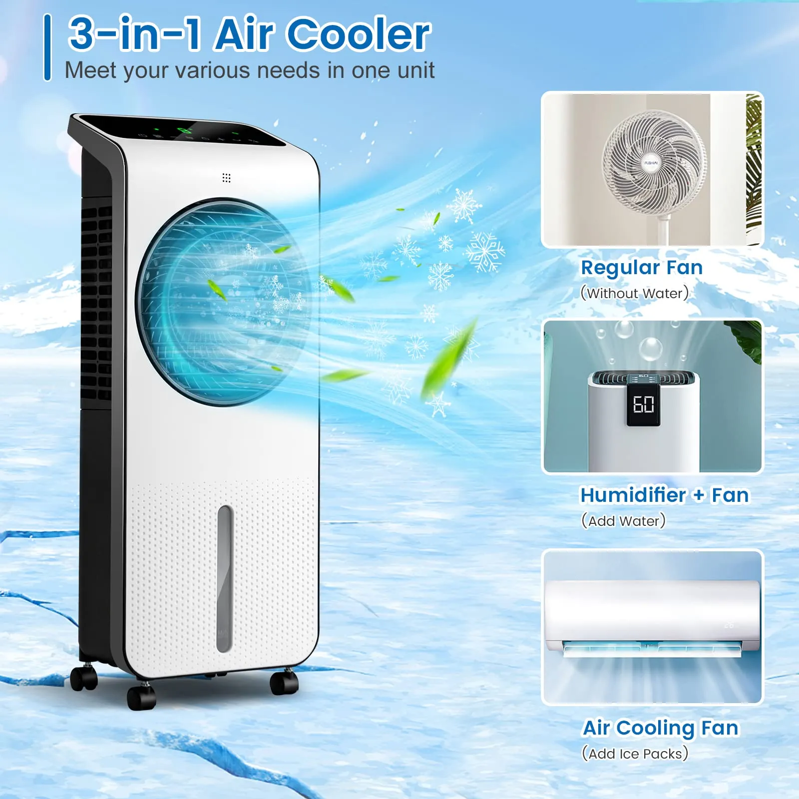 Portable Evaporative Air Cooler, 3-in-1 Swamp Cooler w/ Remote Control