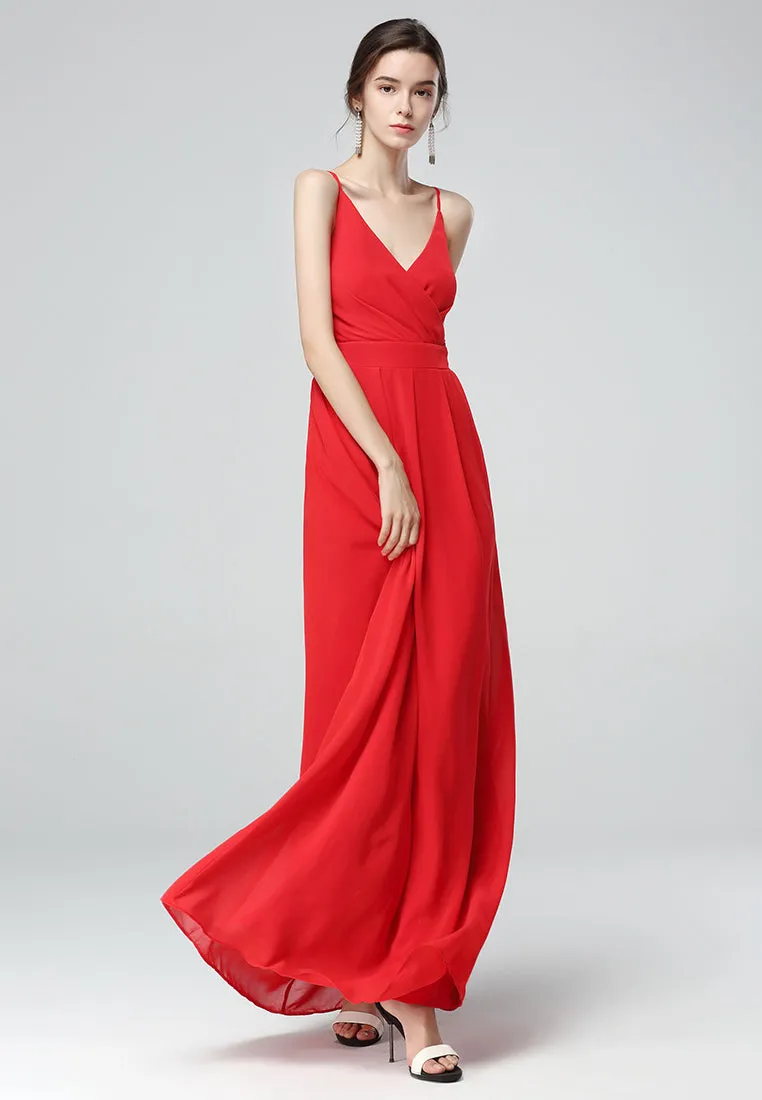 Red Spaghetti Chiffon Gown Dress