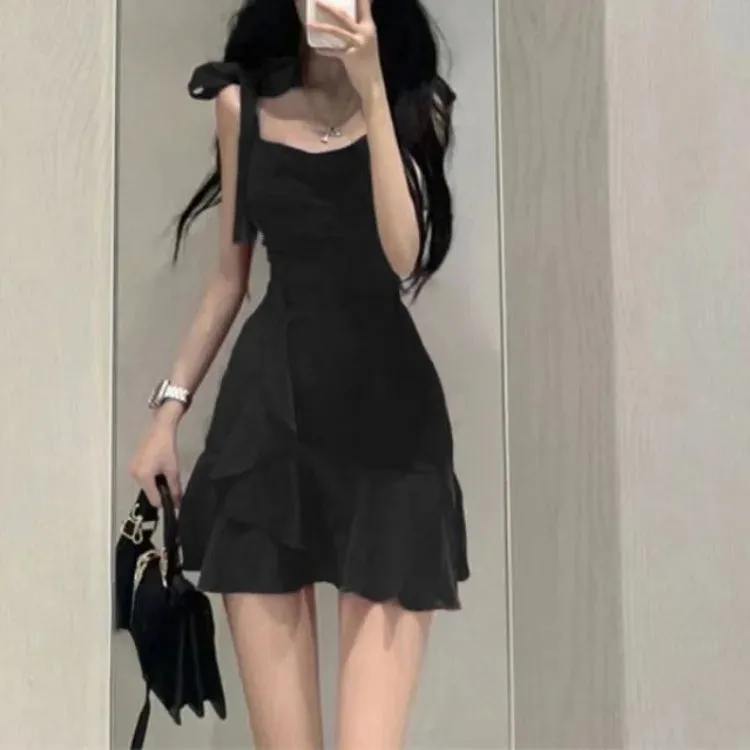 Territory 2024 New Black Camisole Dress for Women Summer Sexy Slim Waist Bodycon Dresses Y2k E-Girl Sleeveless Ruffles Vestidos Mujer