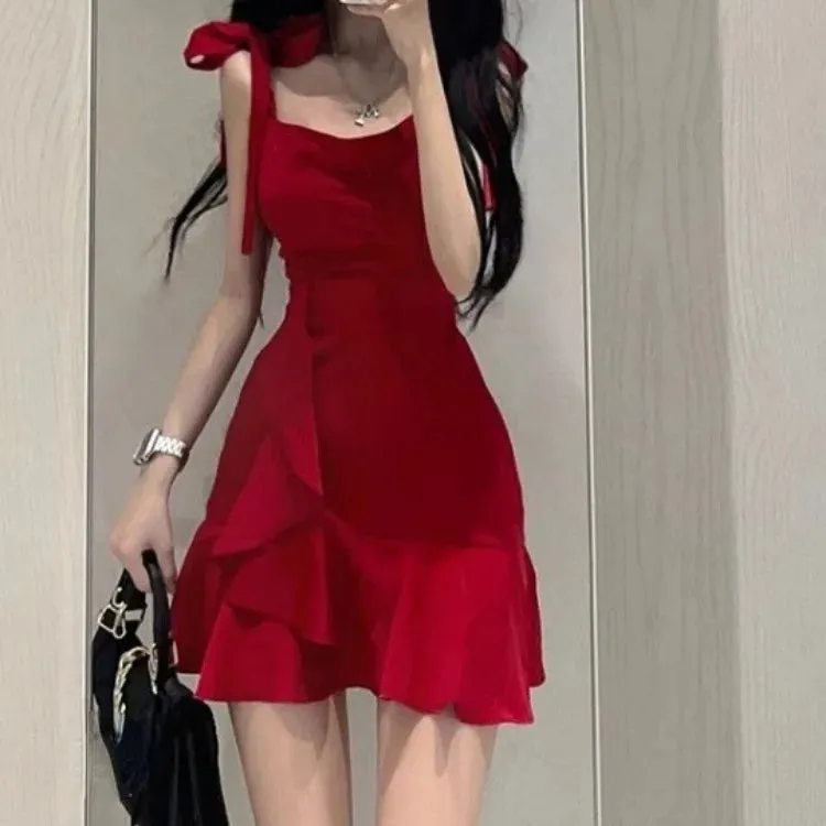 Territory 2024 New Black Camisole Dress for Women Summer Sexy Slim Waist Bodycon Dresses Y2k E-Girl Sleeveless Ruffles Vestidos Mujer