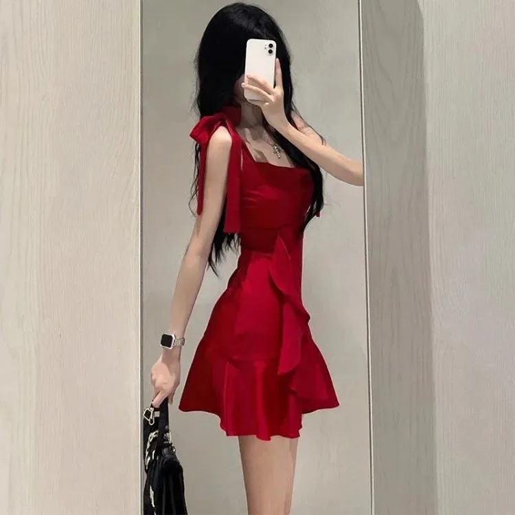 Territory 2024 New Black Camisole Dress for Women Summer Sexy Slim Waist Bodycon Dresses Y2k E-Girl Sleeveless Ruffles Vestidos Mujer