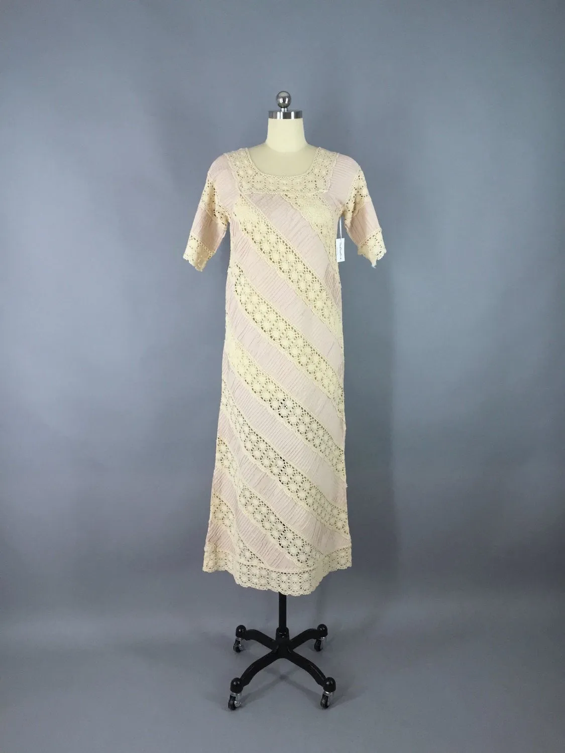 Vintage 1970s Dress / Bias Cut Crocheted Lace Maxi Dress