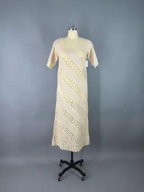 Vintage 1970s Dress / Bias Cut Crocheted Lace Maxi Dress