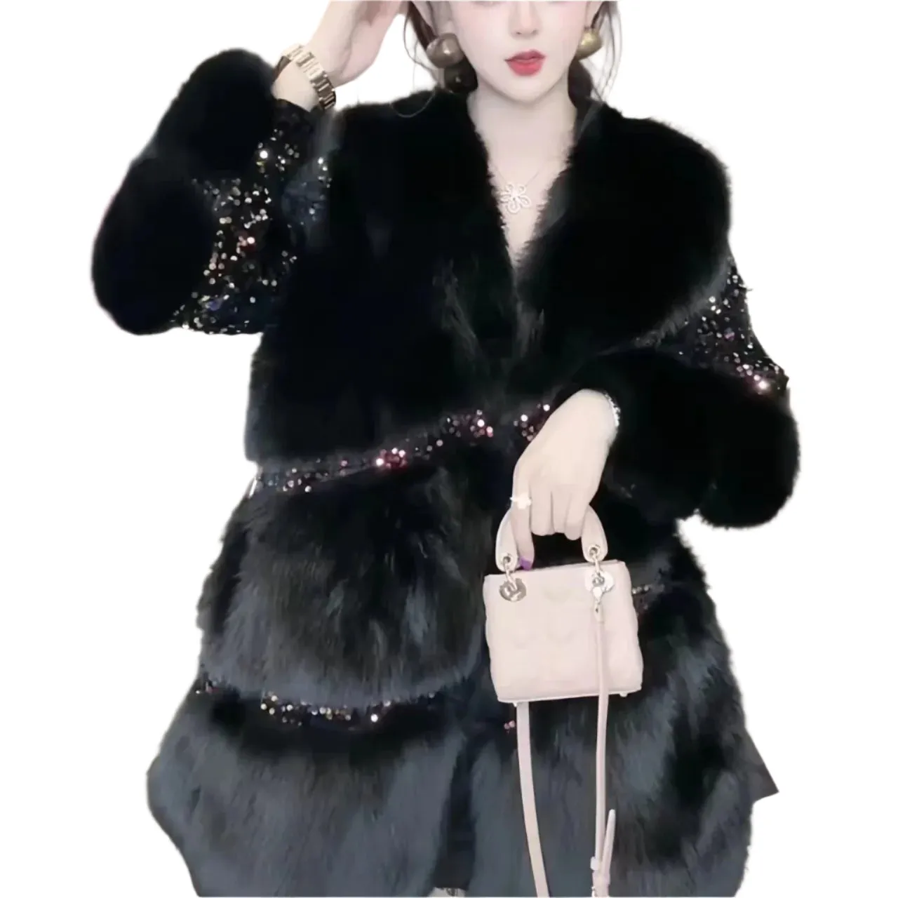 Women's Faux Fur Winter Coat - Loose Fit Turn-Down Collar Jacket with Sequins, Spliced Design, Covered Button Overcoat