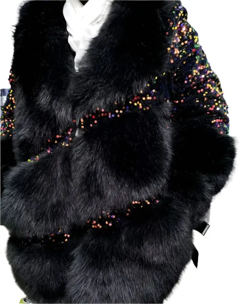 Women's Faux Fur Winter Coat - Loose Fit Turn-Down Collar Jacket with Sequins, Spliced Design, Covered Button Overcoat