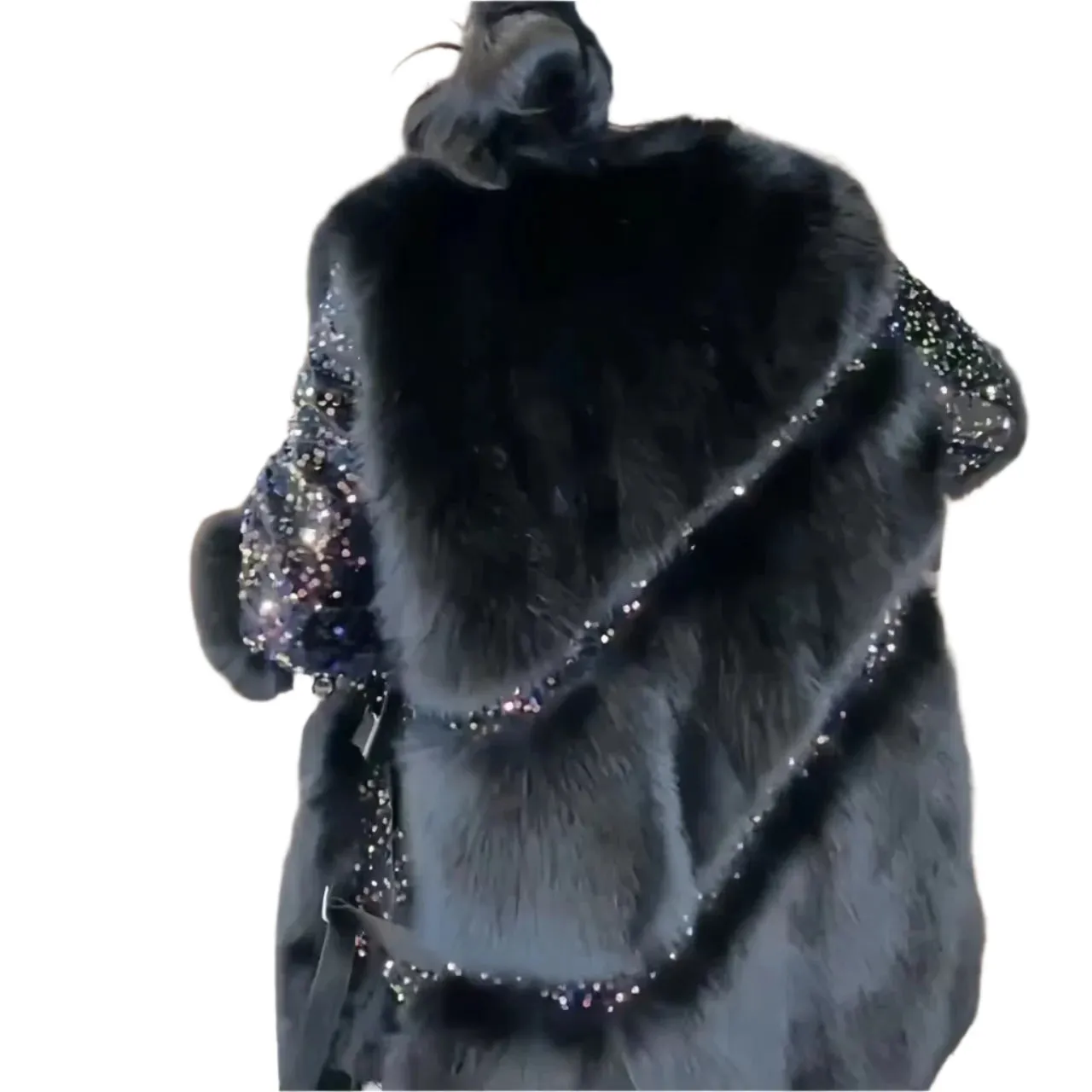 Women's Faux Fur Winter Coat - Loose Fit Turn-Down Collar Jacket with Sequins, Spliced Design, Covered Button Overcoat
