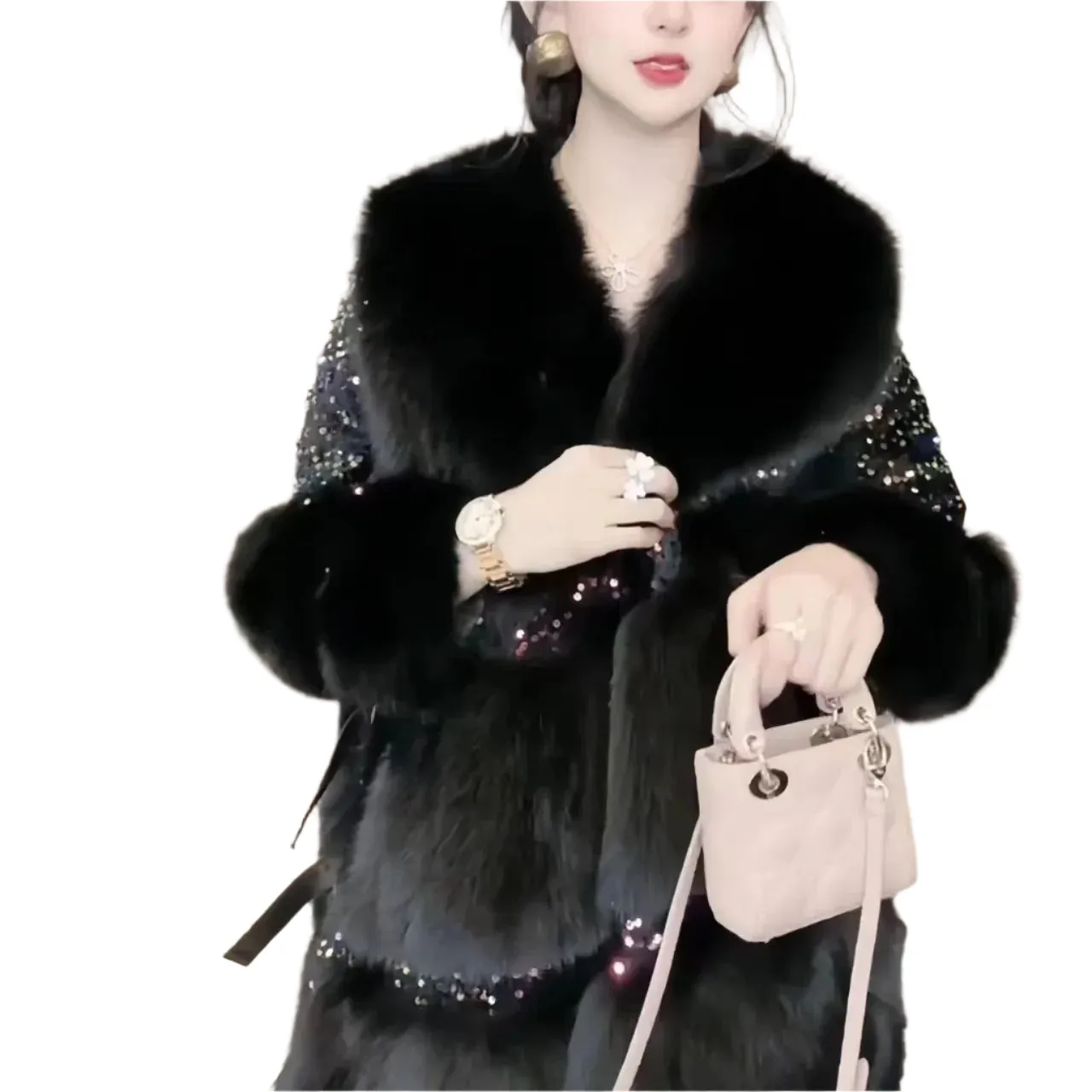 Women's Faux Fur Winter Coat - Loose Fit Turn-Down Collar Jacket with Sequins, Spliced Design, Covered Button Overcoat