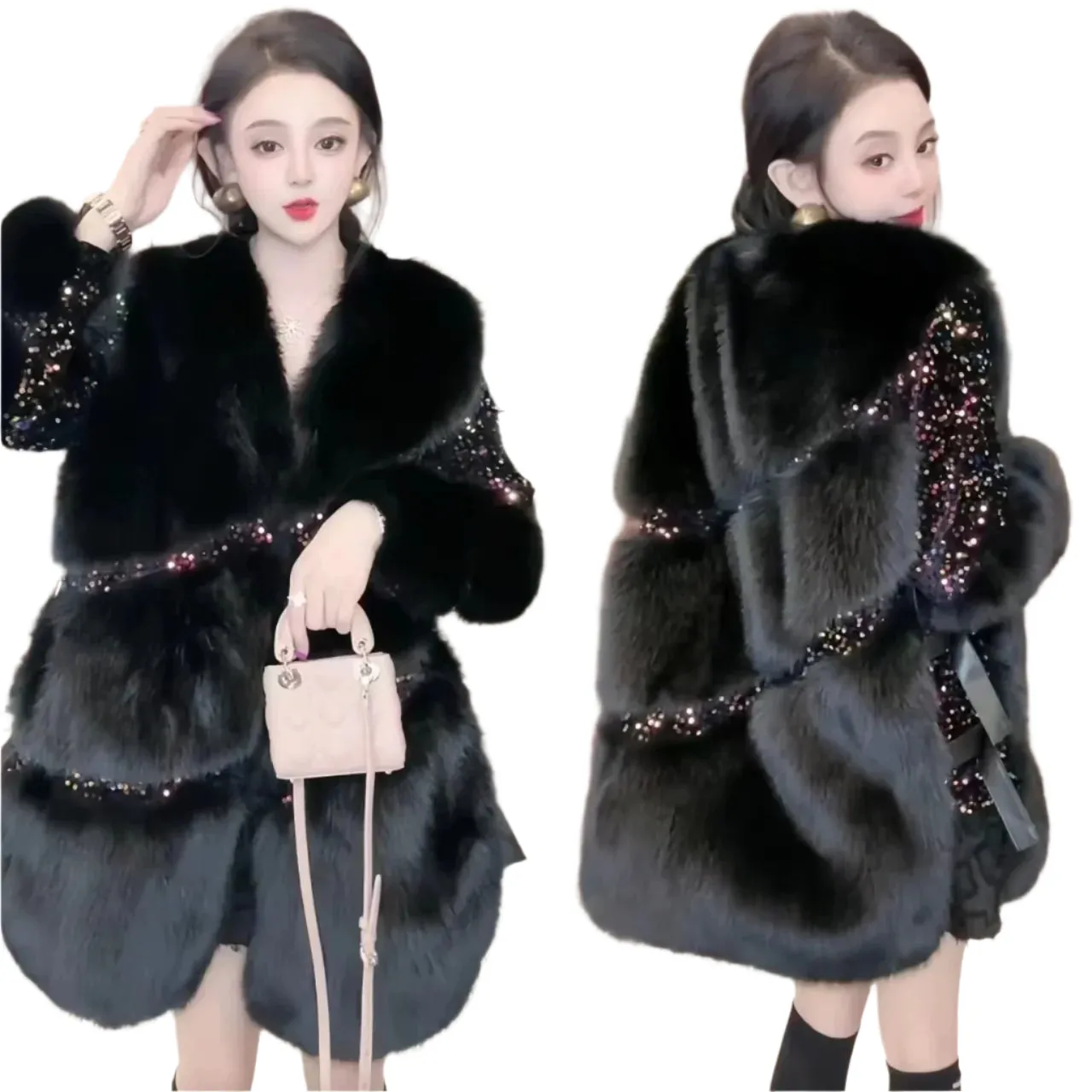 Women's Faux Fur Winter Coat - Loose Fit Turn-Down Collar Jacket with Sequins, Spliced Design, Covered Button Overcoat